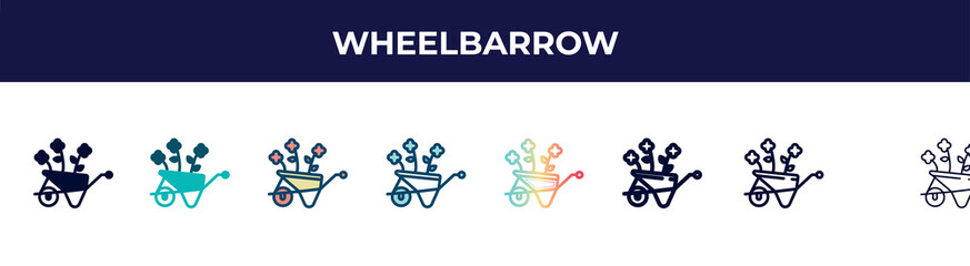 wheelbarrow icon in 8 styles. line, filled, glyph, thin outline, colorful, stroke and gradient styles, wheelbarrow vector sign. symbol, logo illustration. different style icons set.