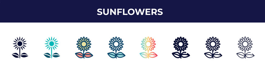 sunflowers icon in 8 styles. line, filled, glyph, thin outline, colorful, stroke and gradient styles, sunflowers vector sign. symbol, logo illustration. different style icons set.