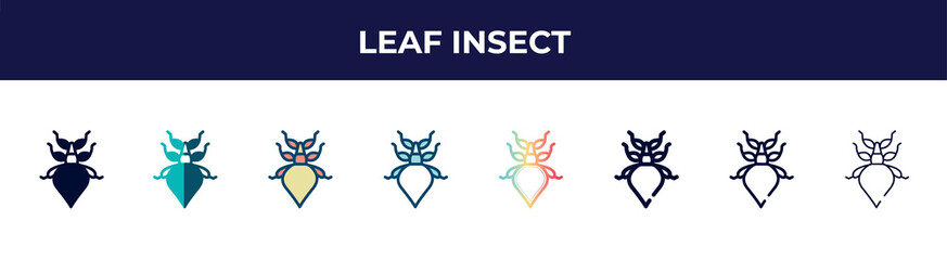 leaf insect icon in 8 styles. line, filled, glyph, thin outline, colorful, stroke and gradient styles, leaf insect vector sign. symbol, logo illustration. different style icons set.