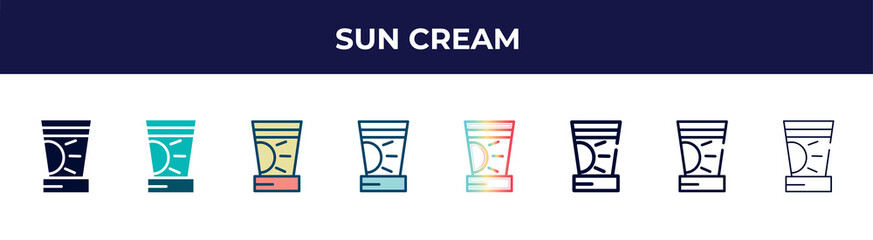 sun cream icon in 8 styles. line, filled, glyph, thin outline, colorful, stroke and gradient styles, sun cream vector sign. symbol, logo illustration. different style icons set.