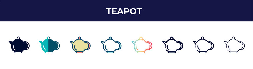 teapot icon in 8 styles. line, filled, glyph, thin outline, colorful, stroke and gradient styles, teapot vector sign. symbol, logo illustration. different style icons set.