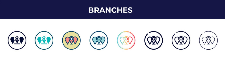 branches icon in 8 styles. line, filled, glyph, thin outline, colorful, stroke and gradient styles, branches vector sign. symbol, logo illustration. different style icons set.