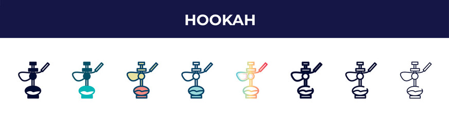 hookah icon in 8 styles. line, filled, glyph, thin outline, colorful, stroke and gradient styles, hookah vector sign. symbol, logo illustration. different style icons set.