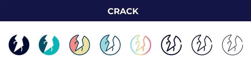 crack icon in 8 styles. line, filled, glyph, thin outline, colorful, stroke and gradient styles, crack vector sign. symbol, logo illustration. different style icons set.