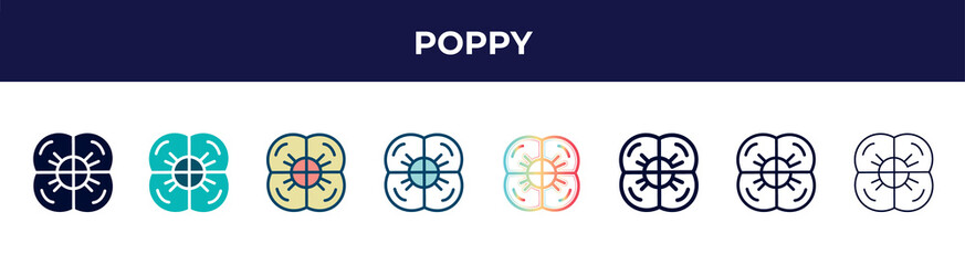 poppy icon in 8 styles. line, filled, glyph, thin outline, colorful, stroke and gradient styles, poppy vector sign. symbol, logo illustration. different style icons set.