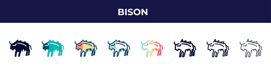 bison icon in 8 styles. line, filled, glyph, thin outline, colorful, stroke and gradient styles, bison vector sign. symbol, logo illustration. different style icons set.