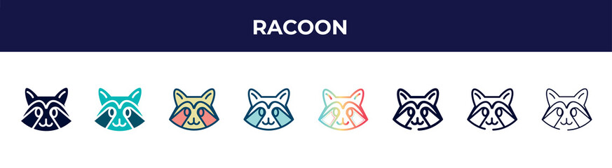 racoon icon in 8 styles. line, filled, glyph, thin outline, colorful, stroke and gradient styles, racoon vector sign. symbol, logo illustration. different style icons set.