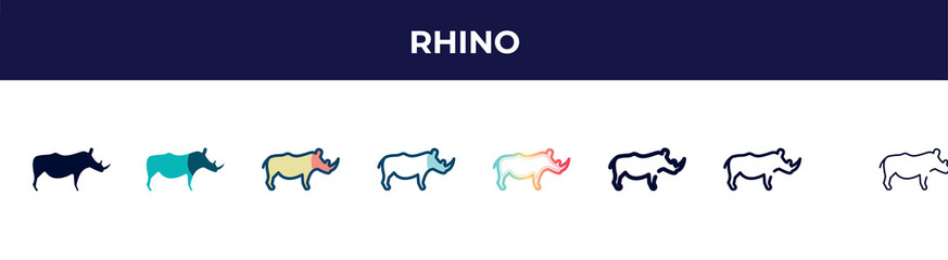 rhino icon in 8 styles. line, filled, glyph, thin outline, colorful, stroke and gradient styles, rhino vector sign. symbol, logo illustration. different style icons set.