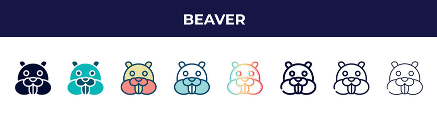 beaver icon in 8 styles. line, filled, glyph, thin outline, colorful, stroke and gradient styles, beaver vector sign. symbol, logo illustration. different style icons set.