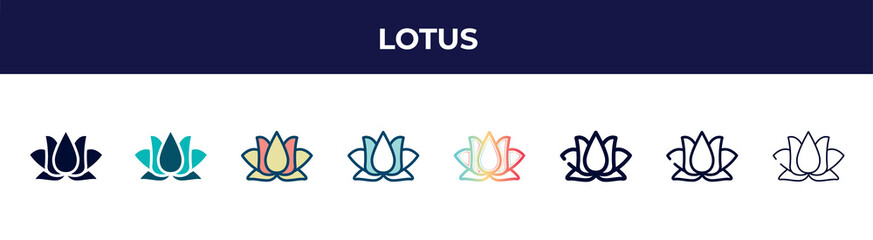 lotus icon in 8 styles. line, filled, glyph, thin outline, colorful, stroke and gradient styles, lotus vector sign. symbol, logo illustration. different style icons set.