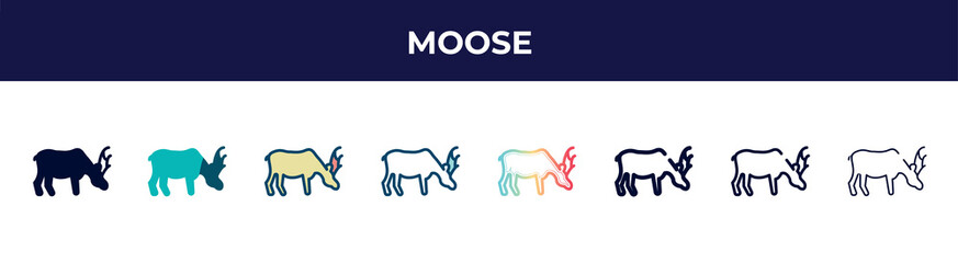 moose icon in 8 styles. line, filled, glyph, thin outline, colorful, stroke and gradient styles, moose vector sign. symbol, logo illustration. different style icons set.