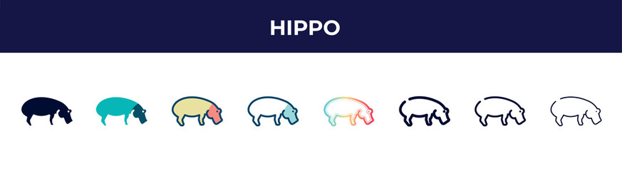 hippo icon in 8 styles. line, filled, glyph, thin outline, colorful, stroke and gradient styles, hippo vector sign. symbol, logo illustration. different style icons set.