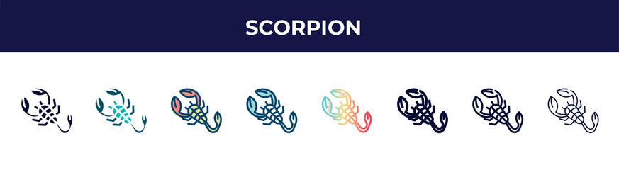 scorpion icon in 8 styles. line, filled, glyph, thin outline, colorful, stroke and gradient styles, scorpion vector sign. symbol, logo illustration. different style icons set.