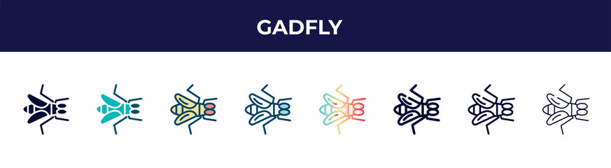 gadfly icon in 8 styles. line, filled, glyph, thin outline, colorful, stroke and gradient styles, gadfly vector sign. symbol, logo illustration. different style icons set.