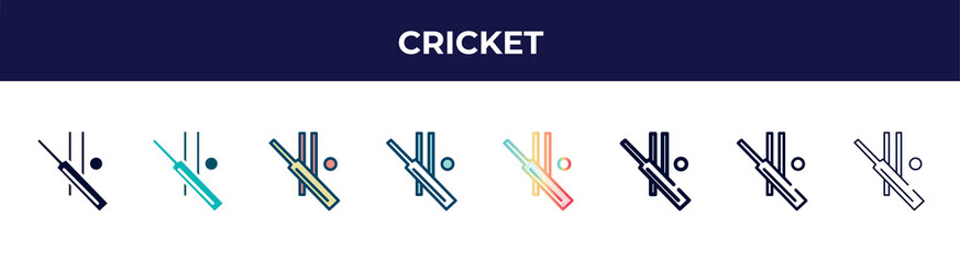 cricket icon in 8 styles. line, filled, glyph, thin outline, colorful, stroke and gradient styles, cricket vector sign. symbol, logo illustration. different style icons set.