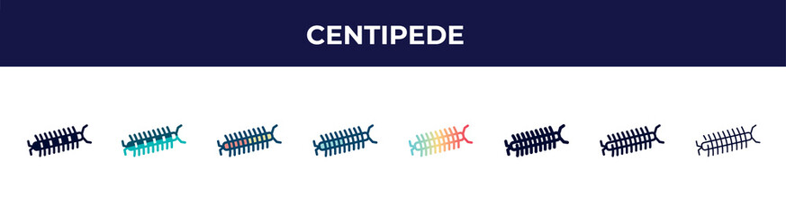 centipede icon in 8 styles. line, filled, glyph, thin outline, colorful, stroke and gradient styles, centipede vector sign. symbol, logo illustration. different style icons set.