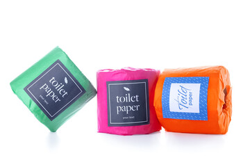 Toilet paper rolls on white background