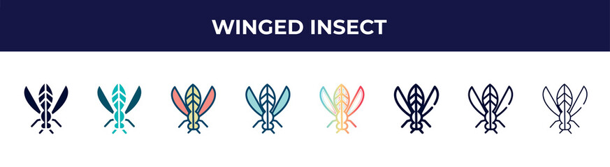 winged insect icon in 8 styles. line, filled, glyph, thin outline, colorful, stroke and gradient styles, winged insect vector sign. symbol, logo illustration. different style icons set.