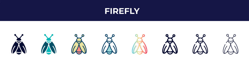 firefly icon in 8 styles. line, filled, glyph, thin outline, colorful, stroke and gradient styles, firefly vector sign. symbol, logo illustration. different style icons set.