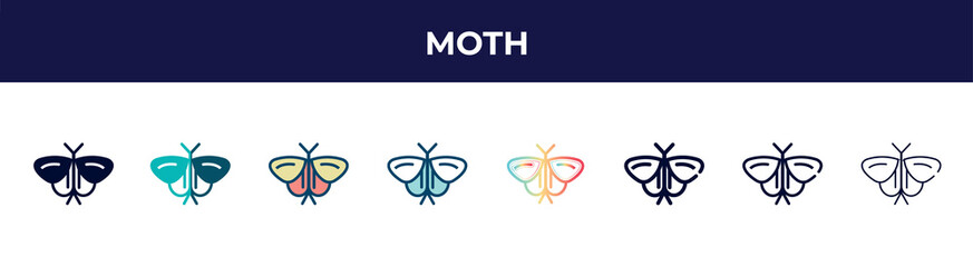 moth icon in 8 styles. line, filled, glyph, thin outline, colorful, stroke and gradient styles, moth vector sign. symbol, logo illustration. different style icons set.