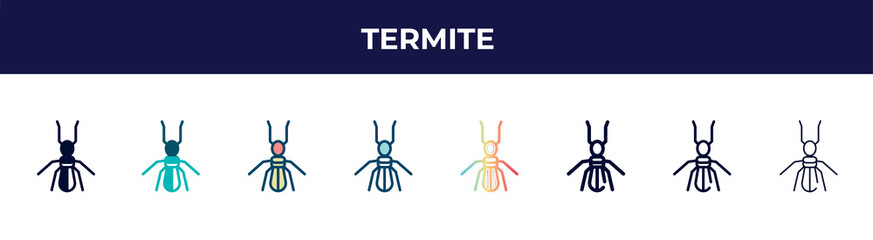 termite icon in 8 styles. line, filled, glyph, thin outline, colorful, stroke and gradient styles, termite vector sign. symbol, logo illustration. different style icons set.