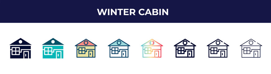 winter cabin icon in 8 styles. line, filled, glyph, thin outline, colorful, stroke and gradient styles, winter cabin vector sign. symbol, logo illustration. different style icons set.