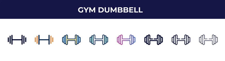 gym dumbbell icon in 8 styles. line, filled, glyph, thin outline, colorful, stroke and gradient styles, gym dumbbell vector sign. symbol, logo illustration. different style icons set.