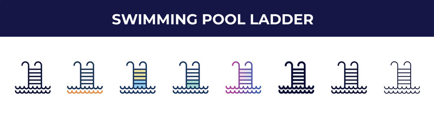 Fototapeta premium swimming pool ladder icon in 8 styles. line, filled, glyph, thin outline, colorful, stroke and gradient styles, swimming pool ladder vector sign. symbol, logo illustration. different style icons