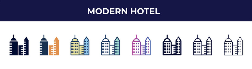 modern hotel icon in 8 styles. line, filled, glyph, thin outline, colorful, stroke and gradient styles, modern hotel vector sign. symbol, logo illustration. different style icons set.