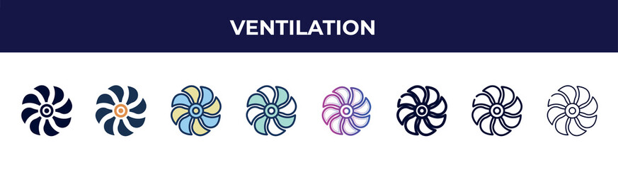ventilation icon in 8 styles. line, filled, glyph, thin outline, colorful, stroke and gradient styles, ventilation vector sign. symbol, logo illustration. different style icons set.