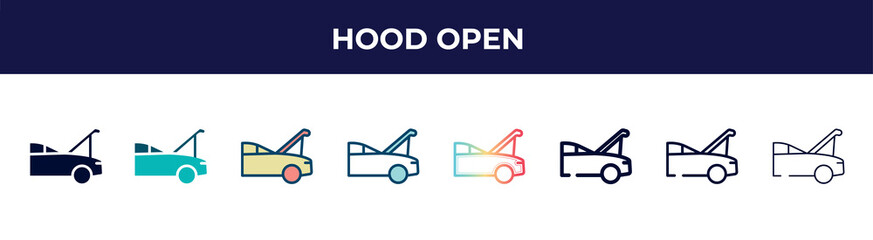 hood open icon in 8 styles. line, filled, glyph, thin outline, colorful, stroke and gradient styles, hood open vector sign. symbol, logo illustration. different style icons set.