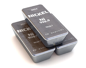 Nickel. Bullion of the highest standard. There are three ingots of 999.9 Fine Nickel bars on white background. 3D illustration