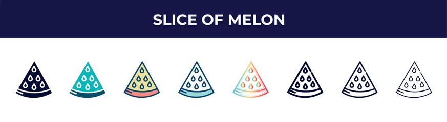 slice of melon icon in 8 styles. line, filled, glyph, thin outline, colorful, stroke and gradient styles, slice of melon vector sign. symbol, logo illustration. different style icons set.