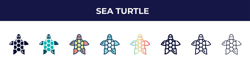 sea turtle icon in 8 styles. line, filled, glyph, thin outline, colorful, stroke and gradient styles, sea turtle vector sign. symbol, logo illustration. different style icons set.