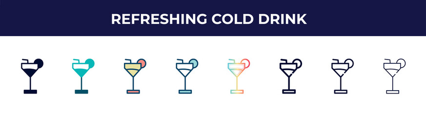 refreshing cold drink icon in 8 styles. line, filled, glyph, thin outline, colorful, stroke and gradient styles, refreshing cold drink vector sign. symbol, logo illustration. different style icons