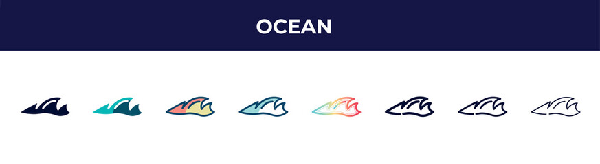 ocean icon in 8 styles. line, filled, glyph, thin outline, colorful, stroke and gradient styles, ocean vector sign. symbol, logo illustration. different style icons set.