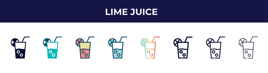 lime juice icon in 8 styles. line, filled, glyph, thin outline, colorful, stroke and gradient styles, lime juice vector sign. symbol, logo illustration. different style icons set.