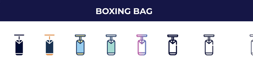 boxing bag icon in 8 styles. line, filled, glyph, thin outline, colorful, stroke and gradient styles, boxing bag vector sign. symbol, logo illustration. different style icons set.