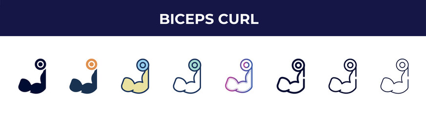 biceps curl icon in 8 styles. line, filled, glyph, thin outline, colorful, stroke and gradient styles, biceps curl vector sign. symbol, logo illustration. different style icons set.
