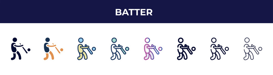 batter icon in 8 styles. line, filled, glyph, thin outline, colorful, stroke and gradient styles, batter vector sign. symbol, logo illustration. different style icons set.