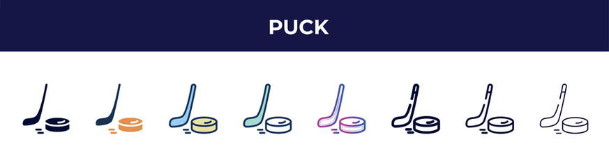 puck icon in 8 styles. line, filled, glyph, thin outline, colorful, stroke and gradient styles, puck vector sign. symbol, logo illustration. different style icons set.