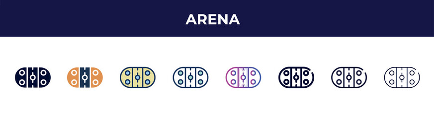 arena icon in 8 styles. line, filled, glyph, thin outline, colorful, stroke and gradient styles, arena vector sign. symbol, logo illustration. different style icons set.