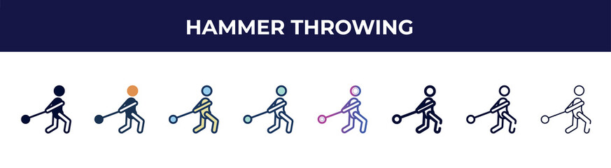 Obraz premium hammer throwing icon in 8 styles. line, filled, glyph, thin outline, colorful, stroke and gradient styles, hammer throwing vector sign. symbol, logo illustration. different style icons set.