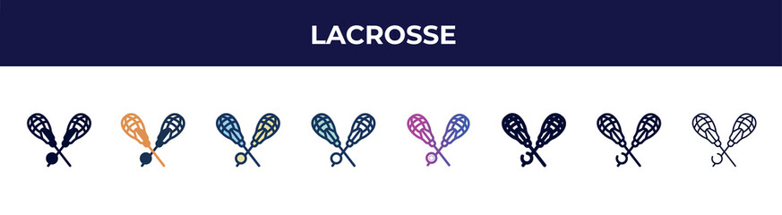 lacrosse icon in 8 styles. line, filled, glyph, thin outline, colorful, stroke and gradient styles, lacrosse vector sign. symbol, logo illustration. different style icons set.
