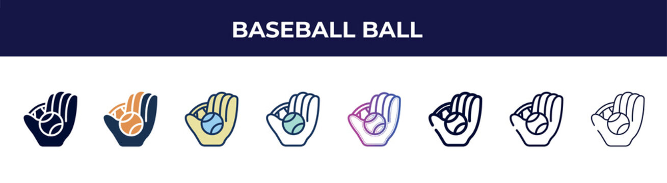 baseball ball icon in 8 styles. line, filled, glyph, thin outline, colorful, stroke and gradient styles, baseball ball vector sign. symbol, logo illustration. different style icons set.