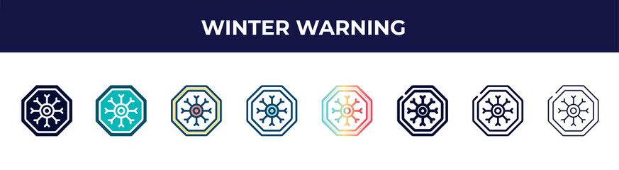 winter warning icon in 8 styles. line, filled, glyph, thin outline, colorful, stroke and gradient styles, winter warning vector sign. symbol, logo illustration. different style icons set.