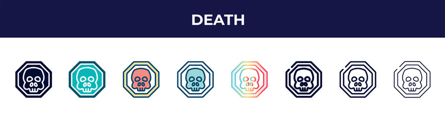 death icon in 8 styles. line, filled, glyph, thin outline, colorful, stroke and gradient styles, death vector sign. symbol, logo illustration. different style icons set.