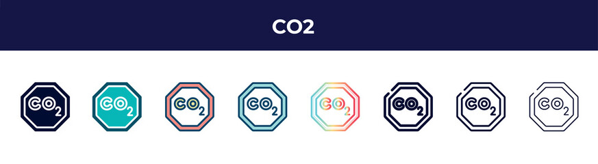 co2 icon in 8 styles. line, filled, glyph, thin outline, colorful, stroke and gradient styles, co2 vector sign. symbol, logo illustration. different style icons set.