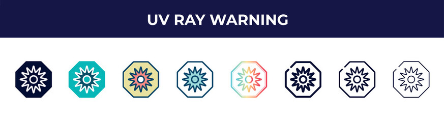 uv ray warning icon in 8 styles. line, filled, glyph, thin outline, colorful, stroke and gradient styles, uv ray warning vector sign. symbol, logo illustration. different style icons set.
