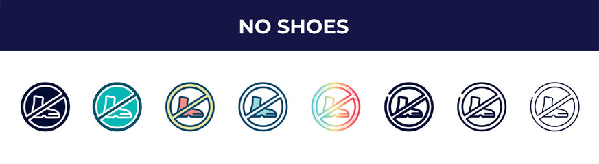 no shoes icon in 8 styles. line, filled, glyph, thin outline, colorful, stroke and gradient styles, no shoes vector sign. symbol, logo illustration. different style icons set.